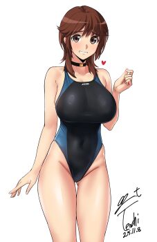 1girl absurdres amagami black_choker black_one-piece_swimsuit breasts brown_eyes brown_hair choker collarbone commentary competition_swimsuit covered_navel dated groin heart highres large_breasts long_hair looking_at_viewer one-piece_swimsuit sakurai_rihoko signature simple_background smile solo swimsuit white_background yoo_tenchi