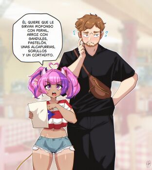 1boy 1girl ahoge brown_hair cdawgva demon_girl demon_horns demon_tail flag_print heart heart_ahoge height_difference highres horns indie_virtual_youtuber ironmouse looking_at_viewer multicolored_hair pink_hair puerto_rican_flag puerto_rico purple_eyes purple_hair ryou_sakai short_shorts shorts streaked_hair tail tan tanline translation_request trash_taste twintails virtual_youtuber
