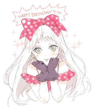 1boy :3 :p blend_s bow clenched_hands cropped_torso dated dress frilled_dress frilled_gloves frills gloves green_eyes hair_bow hair_ribbon hands_on_own_cheeks hands_on_own_face happy_birthday heart heart-shaped_pupils kanzaki_hideri long_hair nakayama_miyuki polka_dot polka_dot_bow red_bow red_dress red_ribbon ribbon solo sparkle sparkle_background symbol-shaped_pupils tongue tongue_out trap upper_body white_background white_hair