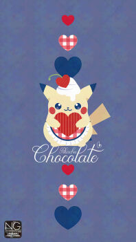 Rule 34 | apron, character name, checkered apron, checkered clothes, cherry, closed mouth, food, fruit, gen 1 pokemon, heart, highres, holding, looking at viewer, meme (sleepsheep), nintendo, no humans, pikachu, pokemon, pokemon (creature), pokemon focus, smile, whipped cream