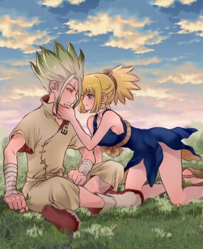 1boy 1girl bandaged_arm bandages blonde_hair blue_dress blue_eyes breasts brown_shirt choker closed_mouth cloud cloudy_sky cracked_skin crossed_legs dr._stone dress eye_contact facial_mark forehead_mark gradient_hair grass green_hair hand_on_another&#039;s_chin highres indian_style ishigami_senkuu kneeling kohaku_(dr._stone) looking_at_another medium_breasts multicolored_hair ninomae_gin outdoors ponytail red_eyes rope rope_belt sandals shirt short_dress sideboob sitting sky sleeveless sleeveless_dress smile spiked_hair two-tone_hair