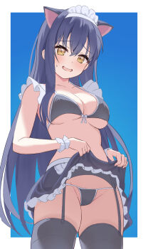 1girl absurdres alternate_costume animal_ears apron bikini black_bikini black_hair black_skirt black_thighhighs blue_background blush border bow bow_bikini breasts cat_ears cleavage clothes_lift commentary_request commission cowboy_shot embarrassed enmaided eyelashes fake_animal_ears frilled_apron frilled_skirt frilled_wrist_cuffs frills furrowed_brow garter_straps groin hair_between_eyes hands_up highres kushima_kamome large_breasts lifting_own_clothes long_hair looking_at_viewer maid maid_apron maid_bikini melani_e miniskirt nervous_smile open_mouth outside_border simple_background skeb_commission skirt skirt_lift smile solo stomach straight_hair summer_pockets sweatdrop swimsuit thighhighs tsurime unconventional_maid underboob very_long_hair white_border white_bow white_wrist_cuffs wrist_cuffs yellow_eyes
