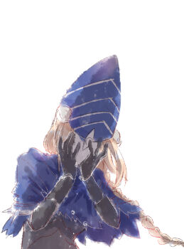 1girl black_gloves blonde_hair blue_hat braid commentary_request covering_own_eyes dark_souls_(series) dark_souls_i gloves hat long_hair lord&#039;s_blade_ciaran maou_skun mask masked simple_background single_braid solo upper_body white_background
