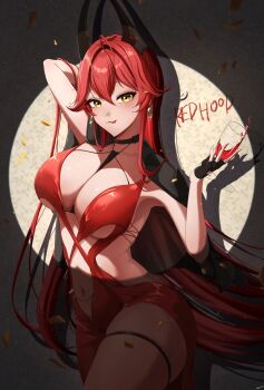 Rule 34 | 1girl, absurdres, animal ears, between breasts, black jacket, black necktie, breasts, character name, clothing cutout, commentary request, cup, dress, drinking glass, evening gown, goddess of victory: nikke, highres, holding, holding cup, horns, jacket, jacket on shoulders, large breasts, mechanical horns, navel, necktie, necktie between breasts, official alternate costume, red hair, red hood (nikke), red hood (nonsense red) (nikke), revealing clothes, shupita, side cutout, solo, spotlight, stomach cutout, thigh strap, thighs, tongue, tongue out, wine glass, yellow eyes