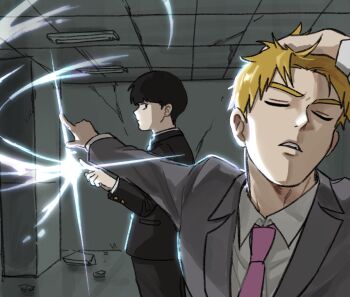 2boys adjusting_hair black_hair blonde_hair blunt_bangs bowl_cut buttoned_cuffs buttons closed_eyes collared_shirt gakuran hand_in_own_hair highres kageyama_shigeo long_sleeves male_focus meme mob_psycho_100 multiple_boys naoya_hitting_choso_without_looking_(meme) necktie pink_necktie reigen_arataka riso0755 salt_middle_school_uniform scene_reference school_uniform shirt short_hair white_shirt