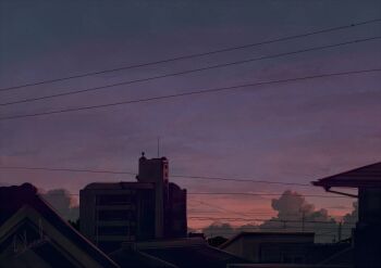 Rule 34 | alu.m (alpcmas), building, cloud, commentary request, gradient sky, no humans, original, outdoors, power lines, scenery, signature, sky, twilight, urban, utility pole, watermark, watermark grid