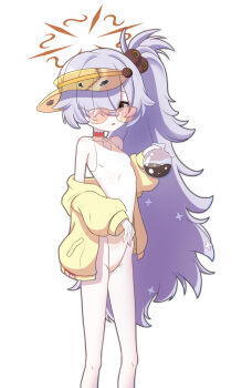 1girl above-cleavage_cutout absurdres ahoge asymmetrical_hair bare_legs bare_shoulders blue_archive breasts brown_eyes brown_halo clothing_cutout cosplay diamond_cutout feet_out_of_frame flask gnoet grey_hair groin hair_between_eyes hair_ornament hair_over_one_eye halo hand_up hands_up highleg highleg_one-piece_swimsuit highres holding holding_flask jacket kanoe_(blue_archive) loli long_hair long_sleeves looking_at_viewer one-piece_swimsuit one_eye_covered open_mouth puffy_long_sleeves puffy_sleeves red-tinted_eyewear round-bottom_flask scar scar_on_neck seia_(blue_archive) seia_(blue_archive)_(cosplay) seia_(swimsuit)_(blue_archive) side_ponytail simple_background small_breasts solo standing sunglasses swimsuit thighs tinted_eyewear very_long_hair visor_cap wavy_hair white_background white_one-piece_swimsuit yellow_jacket yellow_visor