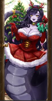 1girl black_hair breasts choker cleavage colored_skin commentary dress elbow_gloves english_commentary fangs fur-trimmed_dress fur_trim gloves grey_skin indie_virtual_youtuber lamia large_breasts long_hair looking_at_viewer monster_girl open_mouth rabio_(labi555) red_choker red_dress red_gloves santa_costume santa_dress second-party_source smile snake_girl snake_tail solo tail vexoria_the_sun_eater virtual_youtuber yellow_eyes