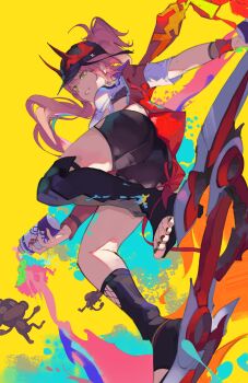 1girl absurdres asymmetrical_footwear black_footwear black_hat black_shorts crop_top from_below full_body green_eyes hat horned_hat high_ponytail highres honkai:_star_rail honkai_(series) jacket long_hair monkey open_clothes open_jacket pink_hair ponytail rappa_(honkai:_star_rail) red_jacket saturn_(saturn_illus) shirt short_shorts shorts smile solo spray_can spray_paint tied_shirt toeless_footwear uneven_footwear white_shirt