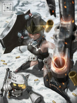 1girl armor braid breasts casing_ejection cat chainmail faulds felyne gauntlets glowing_hot grey_hair gunlance helmet highres holding holding_shield looking_at_viewer medium_breasts monster_hunter_(character) monster_hunter_(series) monster_hunter_wilds orange_eyes qr_code shell_casing shield slit_pupils smoke snow thighhighs tom-neko_(zamudo_akiyuki) twin_braids yellow_eyes