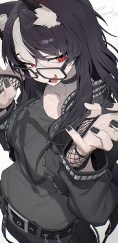Rule 34 | 1girl, adversarial noise, animal ear fluff, animal ears, belt, black choker, black hair, black nails, black pants, black shirt, choker, claw pose, commentary request, commission, cowboy shot, dog ears, dog girl, fishnet gloves, fishnets, from above, from side, glasses, gloves, hands up, hata4564, highres, long hair, looking at viewer, multicolored hair, nail polish, original, pants, print shirt, red eyes, shirt, sideways glance, simple background, skeb commission, solo, two-tone hair, white background, white hair