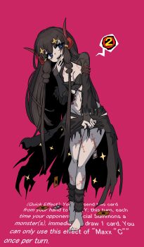 Rule 34 | 1girl, arthropod girl, barefoot, black hair, black leg warmers, black shrug, black skirt, blue eyes, body markings, breasts, bridal gauntlets, bright pupils, cleavage, cockroach girl, commentary, commentary request, duel monster, elbow gloves, english commentary, english text, gloves, hair ornament, hand to own mouth, high-low skirt, highres, horns, leg warmers, long hair, long sidelocks, looking to the side, maxx c, navel, personification, pink background, shrug (clothing), sidelocks, skirt, skirt hold, small breasts, smile, speech bubble, star (symbol), star hair ornament, the amboina, torn clothes, torn skirt, trading card, very long sidelocks, white pupils, yu-gi-oh!