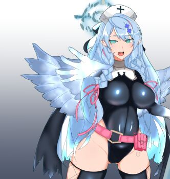 1girl ainagi alternate_costume alternate_eye_color alternate_halo aqua_eyes belt belt_pouch black_halo black_leotard black_thighhighs blue_archive blue_eyes blue_hair blue_wings blush braid breasts broken_halo commentary_request corruption cosplay covered_navel dark_persona empty_eyes feathered_wings glowing glowing_hand gluteal_fold gradient_background hair_ornament hair_ribbon halo hat highleg highleg_leotard impossible_clothes justina_follower_(blue_archive) justina_follower_(blue_archive)_(cosplay) large_breasts latex latex_leotard leotard long_hair looking_at_viewer mine_(blue_archive) multicolored_hair nurse_cap open_mouth pink_belt pink_hair pink_ribbon pointy_ears pouch ribbon skin_tight solo streaked_hair thighhighs thighs twin_braids wings