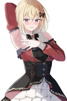 1girl absurdres arm_up armpits azakura_(beniyomogi) bang_dream! bang_dream!_it&#039;s_mygo!!!!! black_bow black_bowtie black_corset blonde_hair blush bow bowtie breasts brooch commentary_request corset detached_sleeves hair_between_eyes hair_bow highres jewelry long_sleeves looking_at_viewer medium_breasts medium_hair misumi_uika presenting_armpit purple_eyes simple_background solo spread_armpit sweatdrop wavy_mouth white_background