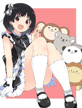 1girl arm_support black_dress black_hair blush brown_eyes dress frilled_dress frills gloves grid_background hair_ribbon highres hugging_own_legs idolmaster idolmaster_million_live! idolmaster_million_live!_theater_days knees_together_feet_apart koala lion looking_at_viewer mary_janes monkey nakatani_iku one_side_up open_mouth outside_border panda papercraft rauto red_background ribbon shoes short_hair short_sleeves smile socks solo v white_gloves white_ribbon white_socks