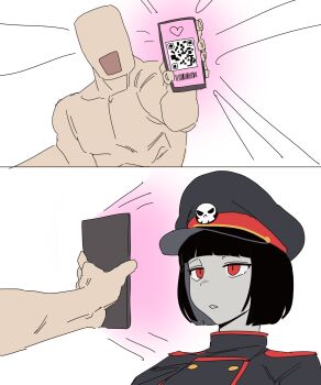 1boy 1girl absurdres android black_hair blunt_bangs bob_cut borrowed_character colored_skin commentary english_commentary grey_skin gya_rb hat highres hypnosis_app military_hat military_uniform original peaked_cap red_eyes robot_girl robot_girl_(bingbingzi) short_hair simple_background white_background