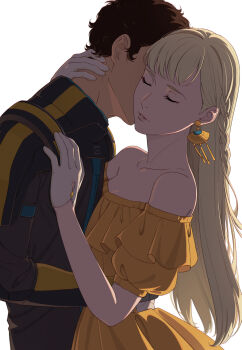 Rule 34 | 1boy, 1girl, bare shoulders, black jacket, blonde hair, braid, breasts, brown hair, closed eyes, collarbone, couple, dress, earrings, enelous, gigi andalusia, gloves, gold earrings, gundam, gundam hathaway's flash, hand on another's neck, hand on another's waist, hathaway noa, hetero, highres, jacket, jewelry, long hair, medium breasts, off-shoulder dress, off shoulder, parted lips, puffy short sleeves, puffy sleeves, short hair, short sleeves, side braid, straight hair, upper body, white background, white gloves, yellow dress