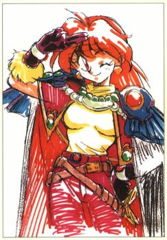 1girl araizumi_rui breasts cape copic cowboy_shot earrings female_focus gloves headband jewelry lina_inverse long_hair looking_at_viewer marker_(medium) markers one_eye_closed orange_hair red_eyes red_hair simple_background slayers small_breasts solo standing traditional_media white_background wink
