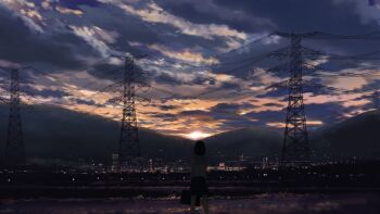 1girl absurdres aries77j bag black_hair black_skirt blue_sailor_collar city_lights cloud cloudy_sky commentary english_commentary from_behind gradient_sky highres mountain orange_sky original outdoors power_lines purple_sky rural sailor_collar scenery school_bag school_uniform serafuku short_hair skirt sky solo sunset town transmission_tower white_serafuku wide_shot