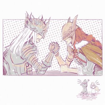 1girl 3boys armor artist_request blonde_hair brother_and_sister brothers cape chibi covered_eyes dark_souls_(series) dark_souls_iii elden_ring fromsoftware gold_armor helmet helmet_over_eyes highres hood malenia_blade_of_miquella mechanical_arms miquella_(elden_ring) multiple_boys prosthesis prosthetic_arm red_cape siblings single_mechanical_arm winged_helmet