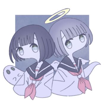 2girls angel black_sailor_collar commentary ghost highres looking_at_viewer multiple_girls neckerchief omochi_noa original red_neckerchief sailor_collar school_uniform serafuku short_hair upper_body