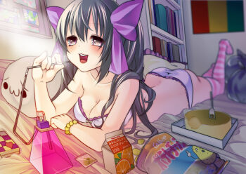 1girl bed black_hair blush bong bra cake chips_(food) commentary drugs flag food guinean_flag hair_between_eyes hata-tan_(rui_(hershe)) himekaidou_hatate juice marijuana orange_juice shiori_(moechin) smoking solo stuffed_animal stuffed_toy thighhighs twintails underwear