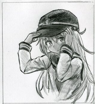 Rule 34 | 1girl, blush, commentary request, graphite (medium), greyscale, hat, hibiki (kancolle), irogawara naomitu, kantai collection, long hair, looking at viewer, monochrome, school uniform, serafuku, solo, traditional media, upper body