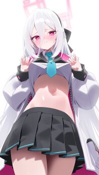 1girl absurdres black_skirt blue_archive blue_necktie blush clothes_lift commentary_request halo highres kei_(blue_archive) kei_(new_body)_(blue_archive) leavv long_hair looking_at_viewer miniskirt navel necktie pink_eyes pink_halo pleated_skirt school_uniform shirt shirt_lift simple_background skirt solo stomach thighs very_long_hair white_background white_hair white_shirt