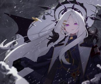 1girl :o armband blue_archive coat coat_on_shoulders commentary demon_horns demon_wings floating_hair fur-trimmed_coat fur-trimmed_jacket fur_trim grey_hair halo highres hina_(blue_archive) horns jacket long_hair looking_at_viewer multiple_horns o_(oooooo04291) parted_bangs pink_eyes purple_coat purple_jacket red_armband ruins slit_pupils snowing solo very_long_hair wings