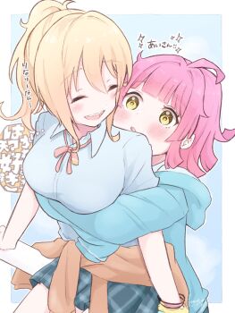 2girls :d :o ^_^ ahoge arms_under_breasts blonde_hair blue_background blue_jacket blue_shirt blue_skirt blunt_bangs blunt_ends blush border breasts brown_cardigan cardigan cardigan_around_waist closed_eyes clothes_around_waist gunjou_sumire gyaru highres hood hood_down hooded_jacket hug hug_from_behind jacket kishimen_hair kogal large_breasts long_sleeves looking_at_another love_live! love_live!_nijigasaki_high_school_idol_club medium_hair miniskirt miyashita_ai multiple_girls neck_ribbon nijigasaki_school_uniform open_mouth outside_border pink_hair pink_ribbon plaid_clothes plaid_skirt pleated_skirt ponytail ribbon school_uniform shirt sidelocks simple_background sitting sitting_on_lap sitting_on_person skirt sleeves_past_fingers sleeves_past_wrists smile sparkle speech_bubble summer_uniform teeth tennoji_rina thought_bubble upper_teeth_only white_border yellow_eyes yuri