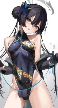 1girl absurdres black_gloves black_hair blue_archive braid braided_bun butterfly_hair_ornament china_dress chinese_clothes clothes_lift coat double_bun dragon_print dress gloves grey_coat grey_eyes grey_halo hair_bun hair_ornament half_gloves halo highres holding holding_string impossible_clothes impossible_dress kisaki_(blue_archive) looking_at_viewer meltyrice off_shoulder pelvic_curtain pelvic_curtain_lift print_dress sleeveless sleeveless_dress solo string white_background