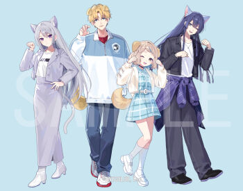 Rule 34 | 2boys, 2girls, animal ears, belt, black jacket, blonde hair, blue background, blue dress, blue hair, braid, brown hair, cat ears, claw pose, closed mouth, clothes around waist, cropped jacket, dog ears, dress, ex albio, full body, grey hair, grey jacket, grey pants, grey skirt, grey tail, hair between eyes, higuchi kaede, jacket, jacket around waist, jewelry, kneehighs, long hair, long skirt, looking at viewer, machita chima, multiple boys, multiple girls, nagao kei, necklace, nijisanji, official art, one eye closed, open mouth, pants, parted bangs, paw pose, plaid clothes, plaid dress, purple eyes, sample watermark, shirt tucked in, shoes, short hair, side braid, simple background, skirt, smile, socks, standing, standing on one leg, tail, tobi (kotetsu), very long hair, virtual youtuber, watermark, white belt, white jacket, white shoes, white socks, yellow eyes
