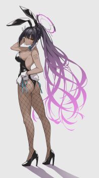 1girl :/ animal_ears arm_behind_head ass bare_shoulders black_footwear black_hair black_leotard blue_archive blue_bow blue_bowtie blush bow bowtie breasts cleavage clothing_cutout dark-skinned_female dark_skin detached_collar fake_animal_ears fake_tail fishnet_pantyhose fishnets from_behind full_body gloves gradient_hair hair_between_eyes halo hand_on_own_hip high_heels highleg highleg_leotard highres karin_(blue_archive) karin_(bunny)_(blue_archive) large_breasts legs leotard long_hair looking_at_viewer multicolored_hair number_tattoo official_alternate_costume pantyhose playboy_bunny ponytail profnote purple_hair rabbit_ears rabbit_tail shadow shoulder_tattoo solo standing strapless strapless_leotard tail tail_through_clothes tattoo traditional_bowtie twisted_torso v very_long_hair white_background white_gloves yellow_eyes