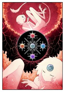 1other blue_gemstone body_fur border forehead_jewel gem highres jejejunum original other_focus plant_roots purple_gemstone red_gemstone secret_(jejejunum) sleeping solo spirit surreal tail uterus veins white_border white_fur white_hair white_tail yellow_gemstone
