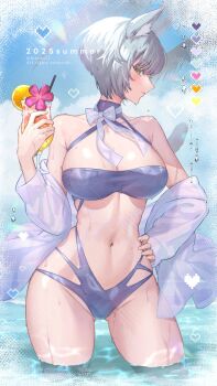 1girl 2025 animal_ear_fluff animal_ears bikini blue_bikini blush breasts cleavage closed_mouth commentary contrapposto cup facing_to_the_side food fruit grey_hair groin hand_on_own_hip heart highres hitowa holding holding_cup large_breasts looking_at_viewer navel off_shoulder open_clothes open_shirt orange_(fruit) orange_slice original outdoors pixelated shirt short_hair sideways_glance solo swimsuit symbol-only_commentary tail wading water water_drop white_shirt yellow_eyes