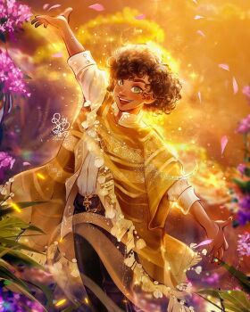 1boy afro brown_eyes brown_hair camilo_madrigal colombian_clothes curly_hair dark-skinned_female dark-skinned_male dark_skin encanto highres male_focus poncho roytheart shirt short_hair simple_background smile white_shirt yellow_poncho