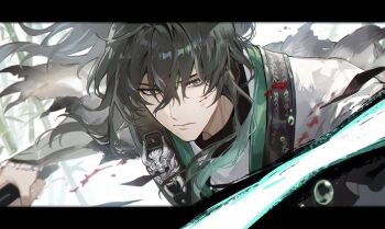 1boy arm_armor blind bubble cloak closed_mouth commentary fractalmagnolia grey_eyes hair_between_eyes highres holding letterboxed long_hair looking_at_viewer male_focus portrait qiuyuan_(wuthering_waves) solo white_cloak wind wuthering_waves