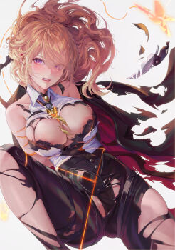 1girl absurdres areola_slip bare_shoulders black_bra black_coat black_panties black_pants blonde_hair blush bra breasts broken broken_weapon bug chest_harness coat coat_on_shoulders commentary english_commentary evelyn_chevalier grey_background hair_between_eyes harness high-waist_pants highres insect knife large_breasts latex_pants looking_at_viewer messy_hair mole mole_under_eye moth necktie open_mouth panties pants pendant_choker purple_eyes restrained shirt skindentation solo thread tight_clothes tight_pants torn_bra torn_clothes torn_coat torn_necktie torn_pants torn_shirt underwear weapon white_shirt yellow_necktie zenless_zone_zero ziiiing