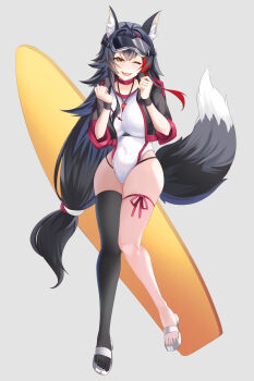 1girl absurdres alternate_costume animal_ears black_hair black_jacket black_thighhighs breasts choker commentary_request cropped_jacket highres hololive jacket large_breasts lochen long_hair one-piece_swimsuit one_eye_closed ookami_mio open_mouth ponytail red_choker red_streaks sandals smile solo swimsuit tail thigh_strap thighhighs very_long_hair virtual_youtuber white_one-piece_swimsuit white_sandals wolf_ears wolf_girl wolf_tail yellow_eyes
