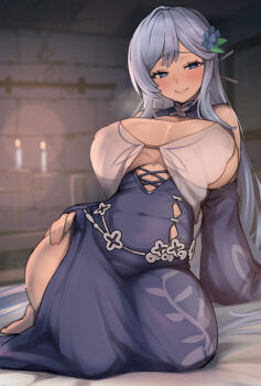 1girl bare_shoulders barefoot blue_dress blue_eyes blue_flower blue_sleeves blurry blurry_background blush breasts candle commentary_request covered_navel detached_sleeves dress eyelashes flower hair_flower hair_ornament hair_stick highres large_breasts lenhee_(kaito) long_hair looking_at_viewer mi2mi2_minmi original sitting smile solo sweat