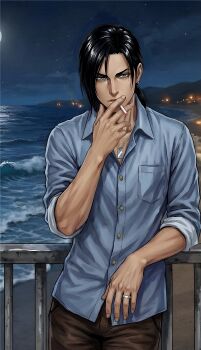 Rule 34 | 1boy, absurdres, black hair, blue shirt, brown pants, buttons, cigarette, collared shirt, commentary, cowboy shot, dog tags, earrings, english commentary, final fantasy, final fantasy viii, highres, holding, holding cigarette, jewelry, laguna loire, locke otaku, low ponytail, male focus, ocean, pants, parted bangs, ponytail, ring, shirt, sleeves rolled up, smoking, solo, waves