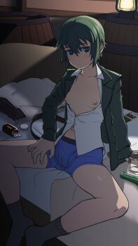 1girl backlighting barrel boxer_briefs breasts breasts_out crossdressing crossdressing_(ftm) expressionless female_focus highres hutamaru kino_(kino_no_tabi) kino_no_tabi lantern looking_at_viewer male_underwear navel nipples on_bed pill pill_bottle short_hair sitting small_breasts socks solo spread_legs stained_underwear tomboy underwear