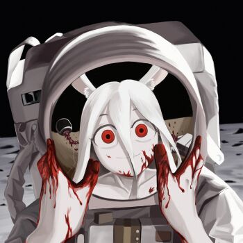 1girl 2others absurdres animal_ear_fluff animal_ears astronaut bad_id bad_twitter_id blood blood_on_hands collarbone crazy death decapitation female_pov guro hair_between_eyes helmet highres horror_(theme) inactive_account long_hair long_hair_between_eyes looking_at_another moon_rabbit multiple_others on_moon original pale_skin paul_1ng pov pov_hands rabbit_ears red_eyes reflection severed_head smile space_helmet spine white_hair wide-eyed
