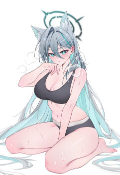 1girl absurdres aqua_hair barefoot black_halo black_panties black_sports_bra blue_archive blue_eyes blush breasts cleavage collarbone commentary hair_between_eyes halo highres large_breasts long_hair looking_at_viewer mismatched_pupils multicolored_hair navel panties rable shiroko_(blue_archive) simple_background sitting solo sports_bra sweat thighs two-tone_hair underwear very_long_hair white_background
