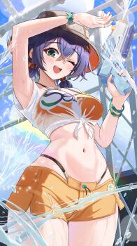 1girl absurdres armlet armpits belle_(summer_skies)_(zenless_zone_zero) belle_(zenless_zone_zero) bikini bikini_bottom_under_shorts bikini_top_under_shirt bikini_under_clothes black_nails blue_hair breasts bucket_hat commentary_request cowboy_shot fish_hat green_eyes hair_ornament hat highres jewelry large_breasts letter_hair_ornament midriff navel official_alternate_costume one_eye_closed orange_bikini orange_shorts see-through_clothes see-through_shirt shirt shorts solo stomach su2ro swimsuit tied_shirt water water_gun wet wet_clothes wet_shirt zenless_zone_zero