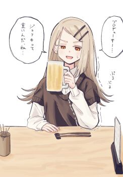 Rule 34 | 1girl, alcohol, beer, beer mug, blonde hair, brown sweater, chopsticks, collared shirt, commentary request, cup, earrings, fingernails, flipped hair, gakuen idolmaster, hair ornament, hairclip, highres, holding, holding cup, idolmaster, jewelry, light blush, long hair, long sleeves, looking at viewer, motion lines, mug, open mouth, orange eyes, parallel hairclips, parted bangs, pov across table, shinosawa hiro, shirt, solo, speech bubble, stud earrings, sweat, sweater, translation request, twitching, white background, white shirt, yasuzero