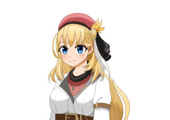 1girl agnes_claudel belt beret blonde_hair blue_eyes braid braided_bun breasts bun_with_braided_base coat collared_shrug commentary_request eiyuu_densetsu hair_between_eyes hair_bun hat kuro_no_kiseki_(series) kuro_no_kiseki_i light_smile long_hair red_hat shrug_(clothing) simple_background single_hair_bun