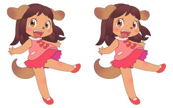 1girl animal animal_ears blush bow brown_eyes brown_fur brown_hair dog dog_ears dog_girl dog_tail freckles furry highres long_hair looking_at_viewer open_mouth original pink_shirt red_bow red_shoes red_skirt shirt shoes skirt sleeveless sleeveless_shirt smile spot_the_differences standing standing_on_one_leg tail white_background wind wind_lift yamanokonza