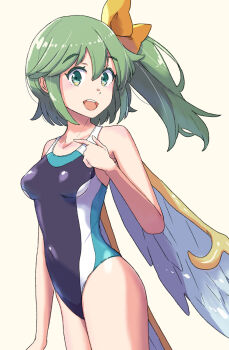 Rule 34 | 1girl, :d, alternate costume, bare arms, bare shoulders, black one-piece swimsuit, blue one-piece swimsuit, breasts, collarbone, commentary request, covered navel, cowboy, daiyousei, dutch angle, fairy, feathered wings, green eyes, green hair, hair ribbon, hand up, highres, jack (wkm74959), looking at viewer, medium hair, one-piece swimsuit, open mouth, raised eyebrows, ribbon, side ponytail, sidelocks, small breasts, smile, solo, standing, swimsuit, teeth, tongue, touhou, upper teeth only, western, white one-piece swimsuit, white wings, wings, yellow ribbon