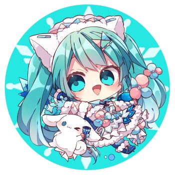 1girl :d bare_shoulders blue_background blue_eyes blue_gloves blue_hair blue_shoes blue_socks blush chibi chibi_only cinnamoroll commentary_request detached_sleeves dress full_body fur-trimmed_dress fur-trimmed_sleeves fur_trim fuwa_fuwa_cinnamoroll gloves hat hatsune_miku kaho_0102 long_hair long_sleeves looking_at_viewer open_mouth sanrio shoes sleeveless sleeveless_dress smile socks solo twintails vocaloid white_dress white_hat